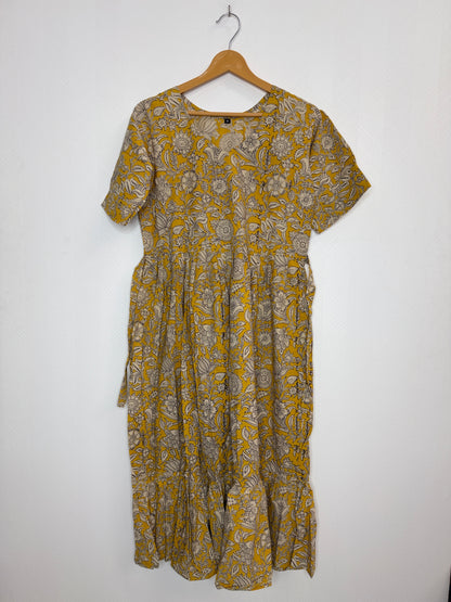 Floral Printed Mustard Yellow - Cotton Kalamkari Frock