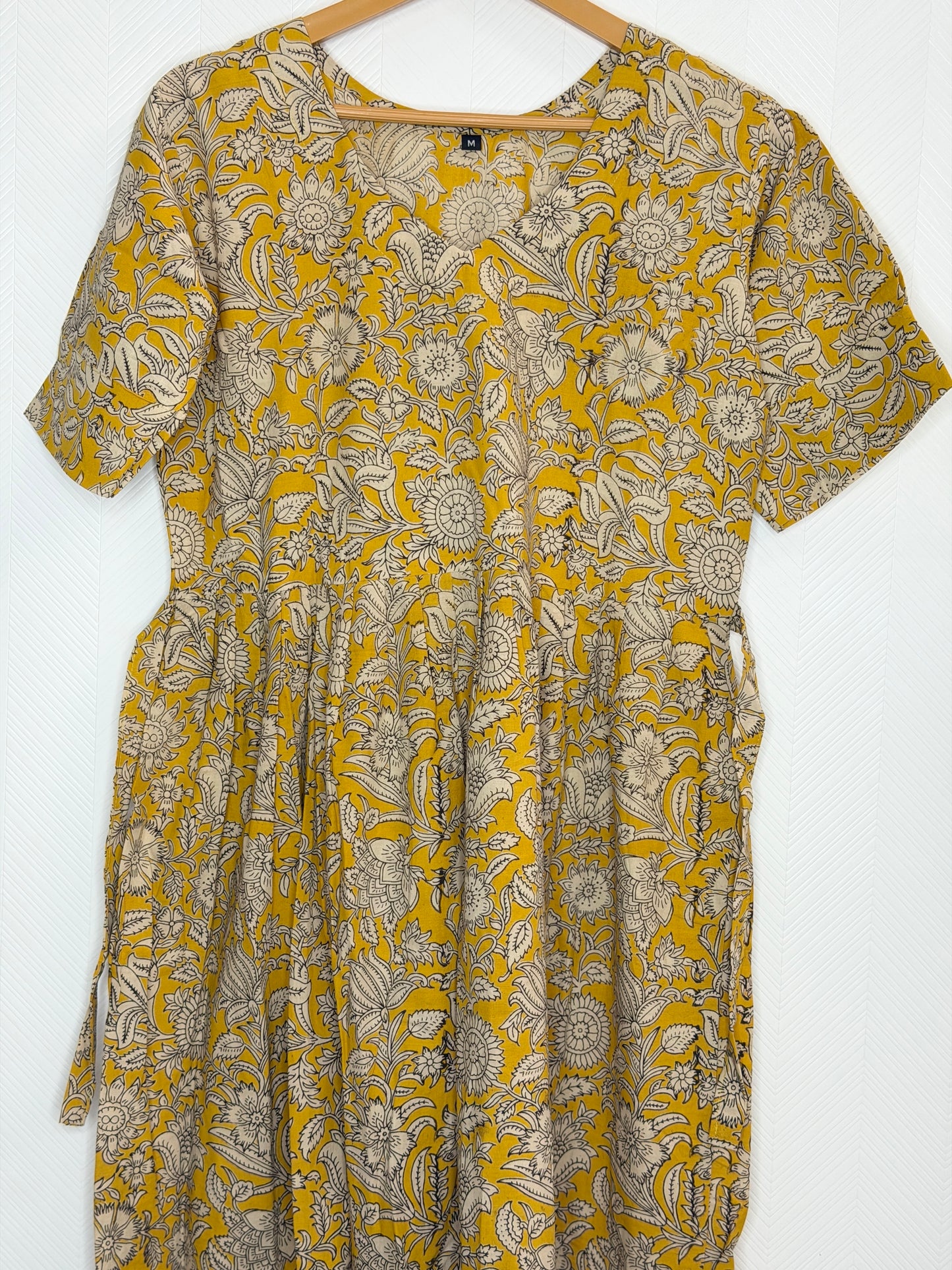 Floral Printed Mustard Yellow - Cotton Kalamkari Frock