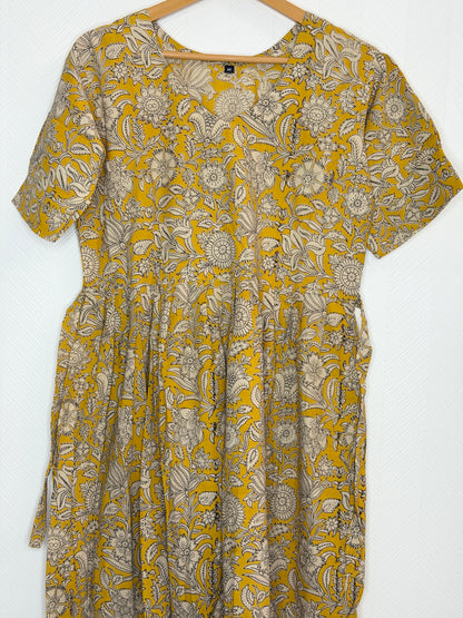 Floral Printed Mustard Yellow - Cotton Kalamkari Frock