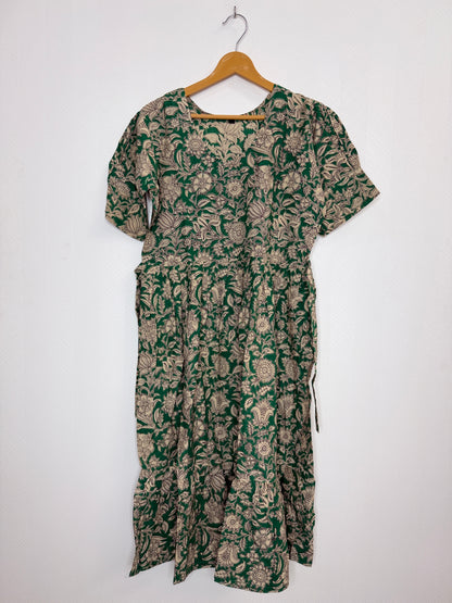 Floral Printed Bottle Green - Cotton Kalamkari Frock
