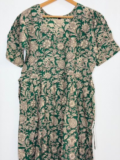 Floral Printed Bottle Green - Cotton Kalamkari Frock
