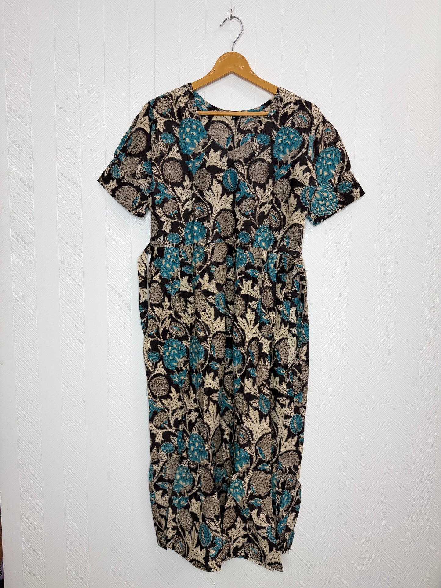 Floral Printed Black Teal - Cotton Kalamkari Frock