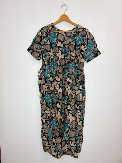 Floral Printed Black Teal - Cotton Kalamkari Frock