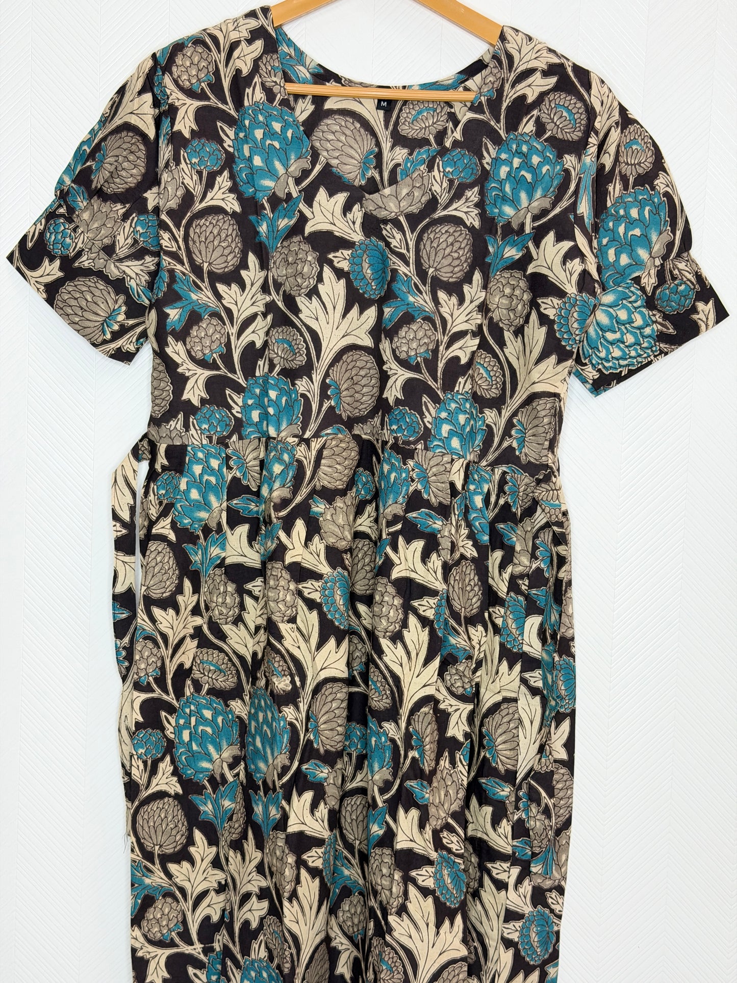 Floral Printed Black Teal - Cotton Kalamkari Frock