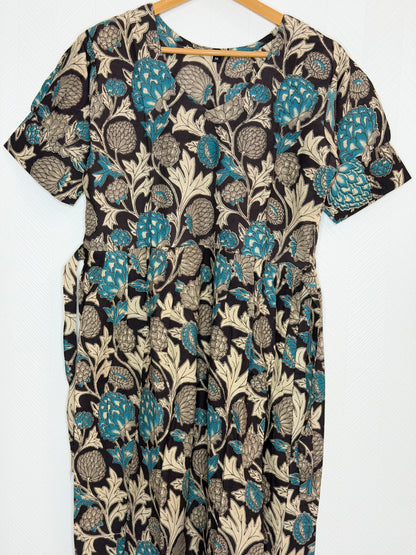 Floral Printed Black Teal - Cotton Kalamkari Frock