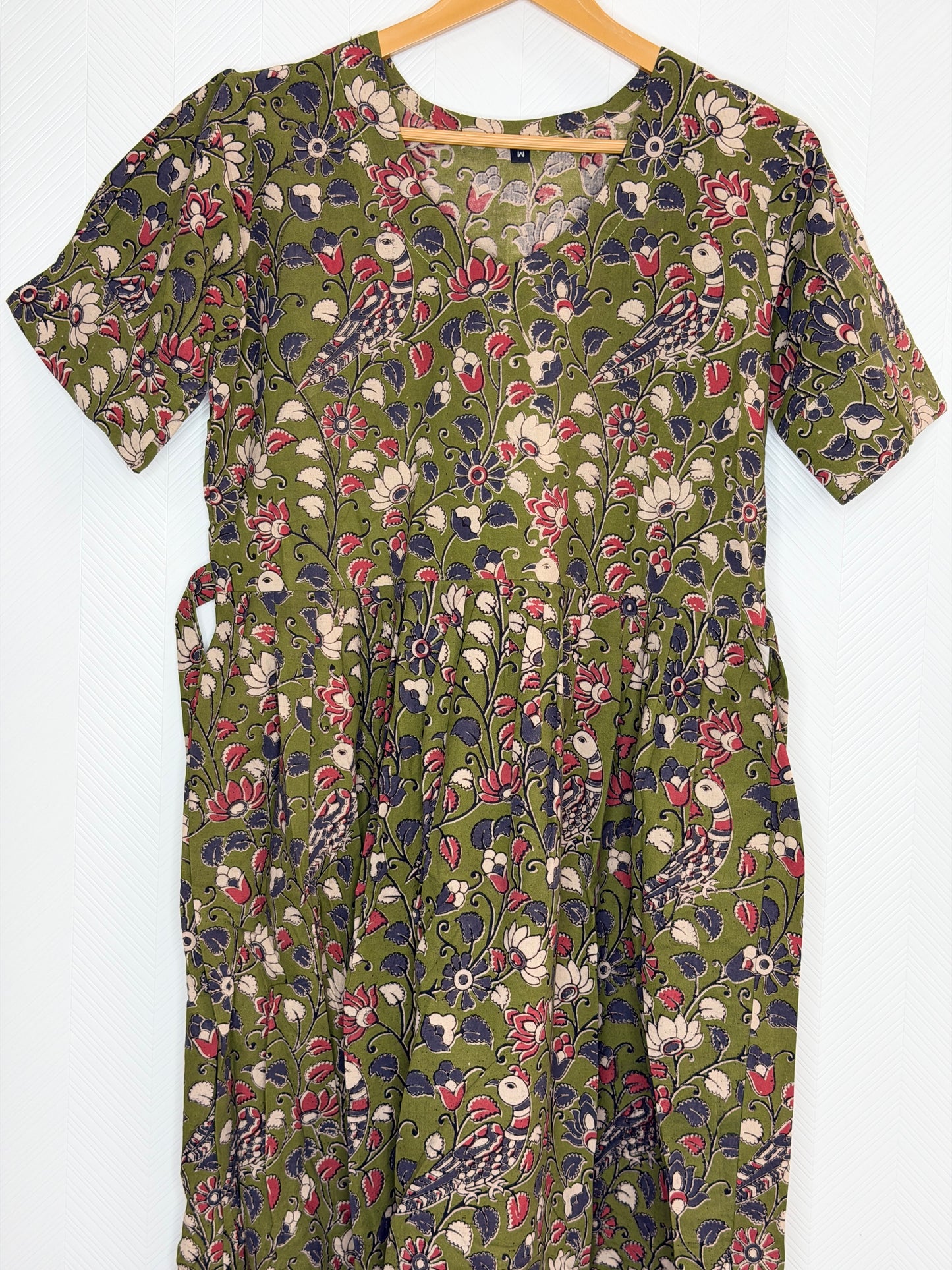 Floral Printed Olive Green Multi - Cotton Kalamkari Frock