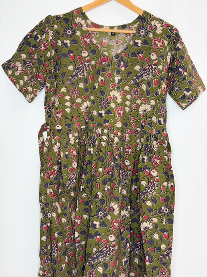 Floral Printed Olive Green Multi - Cotton Kalamkari Frock