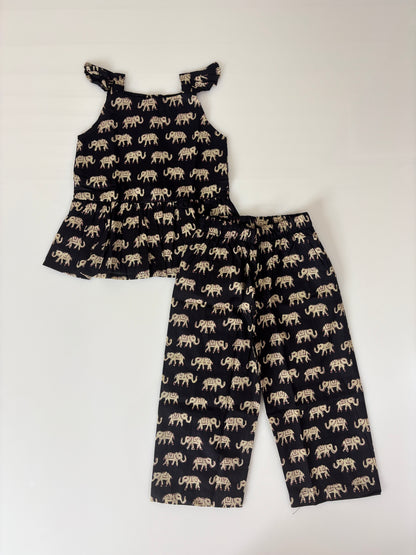 Black Elephant Print Girl Outdoor wear set