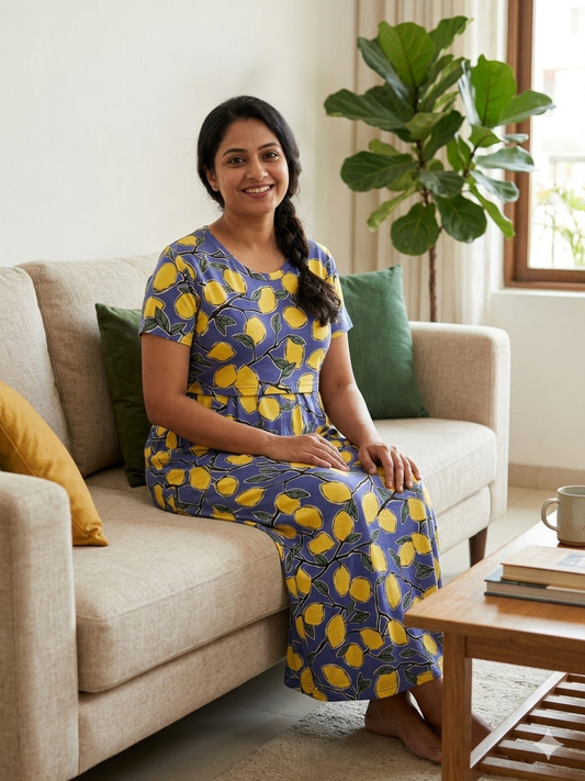 Blue Lemon Print Maternity Feeding Maxi