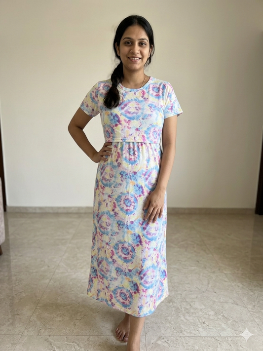 Multicolor Tie-Dye Print Maternity Feeding Maxi