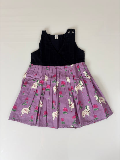 Lavender Cow & Lotus Print Sleeveless Frock Outdoor wear