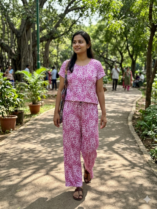 Spun Fabric Pink Leopard Print T-shirt and Palazzo Set