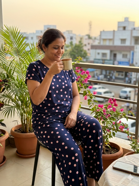Spun Fabric Navy Blue Polka Dot Print T-shirt and Palazzo Set