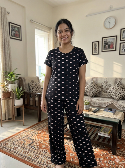 Spun Fabric Black Small Bow Print T-shirt and Palazzo Set
