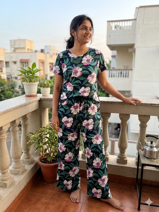 Spun Fabric Navy Blue Tropical Floral Printed T-shirt and Palazzo Set