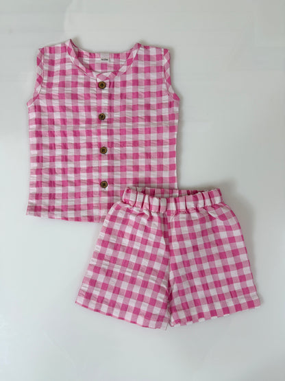 Pink Checks Print Cotton Sleeveless Coords