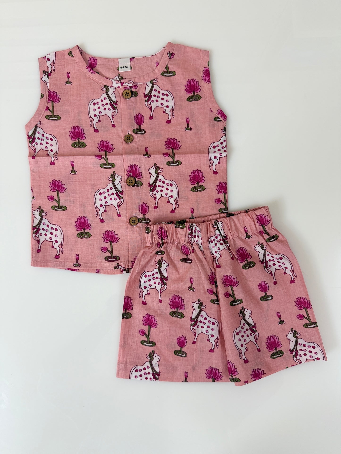 Peach Cow & Lotus Print Cotton Sleeveless Coords