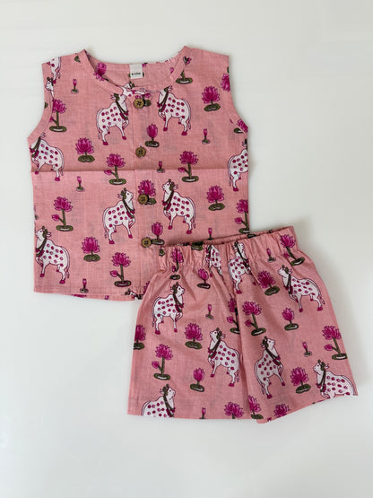 Peach Cow & Lotus Print Cotton Sleeveless Coords