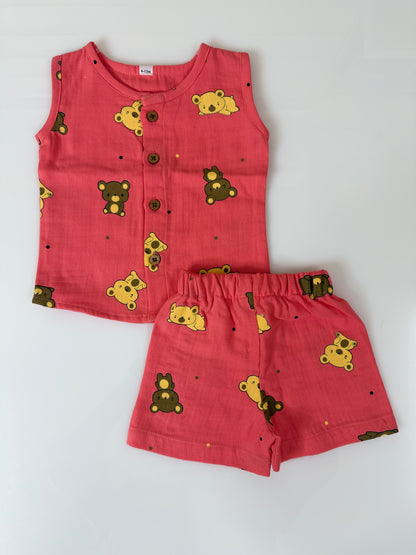 Coral Teddy Bear Print Cotton Sleeveless Coords