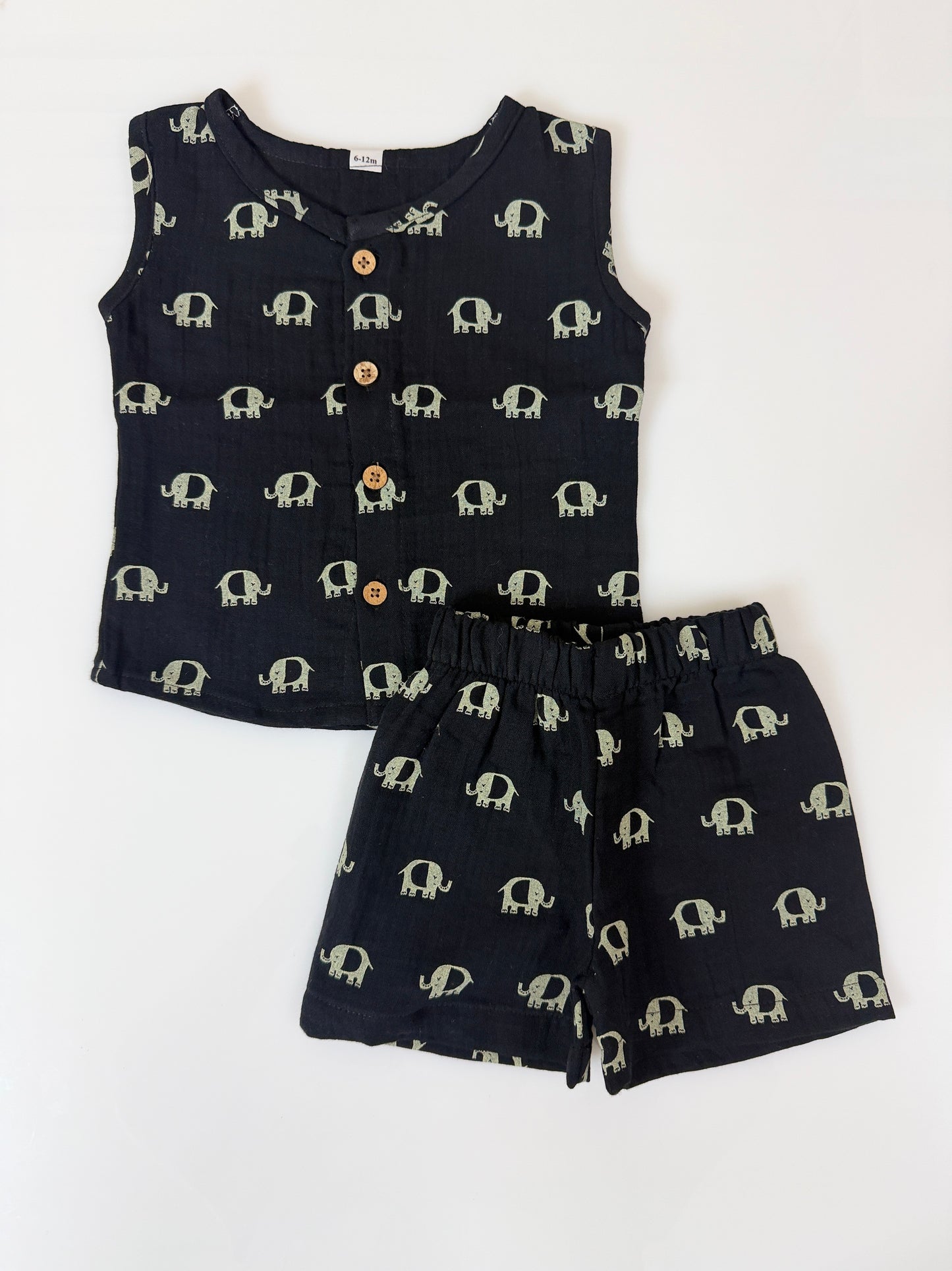 Black Elephant Print Cotton Sleeveless Coords