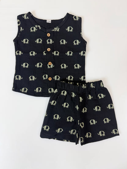 Black Elephant Print Cotton Sleeveless Coords