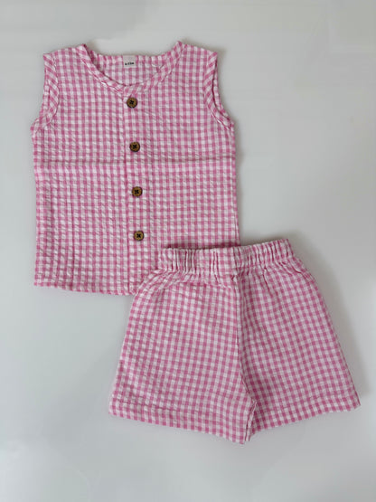 Light Pink Checks Print Cotton Sleeveless Coords