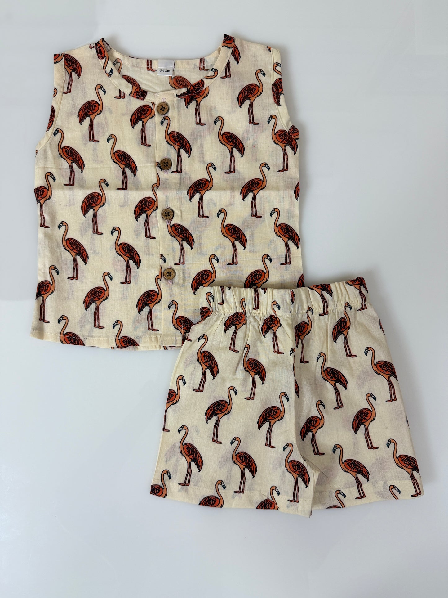Beige Flamingo Print Cotton Sleeveless Coords