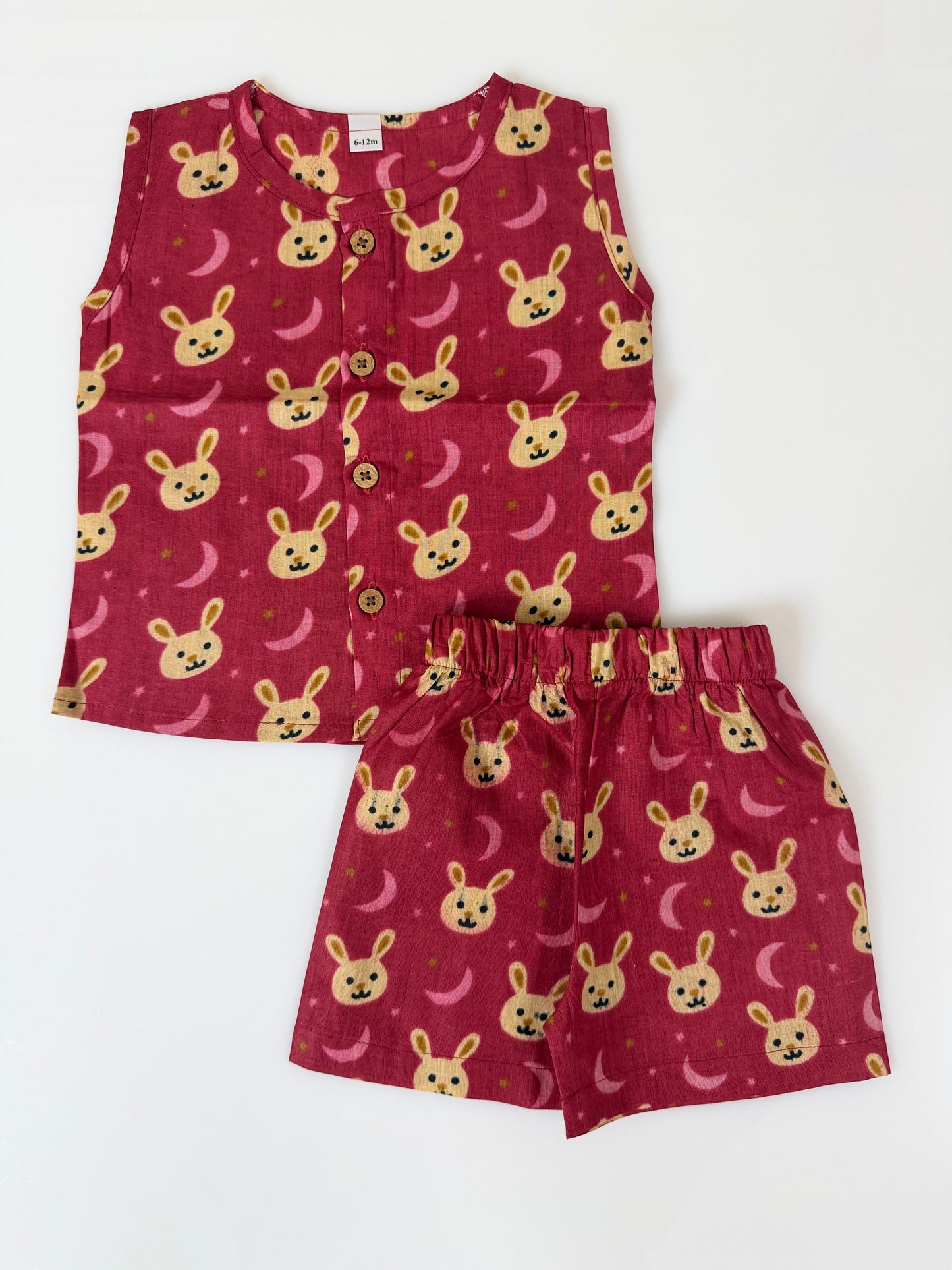 Maroon Bunny Print Cotton Sleeveless Coords