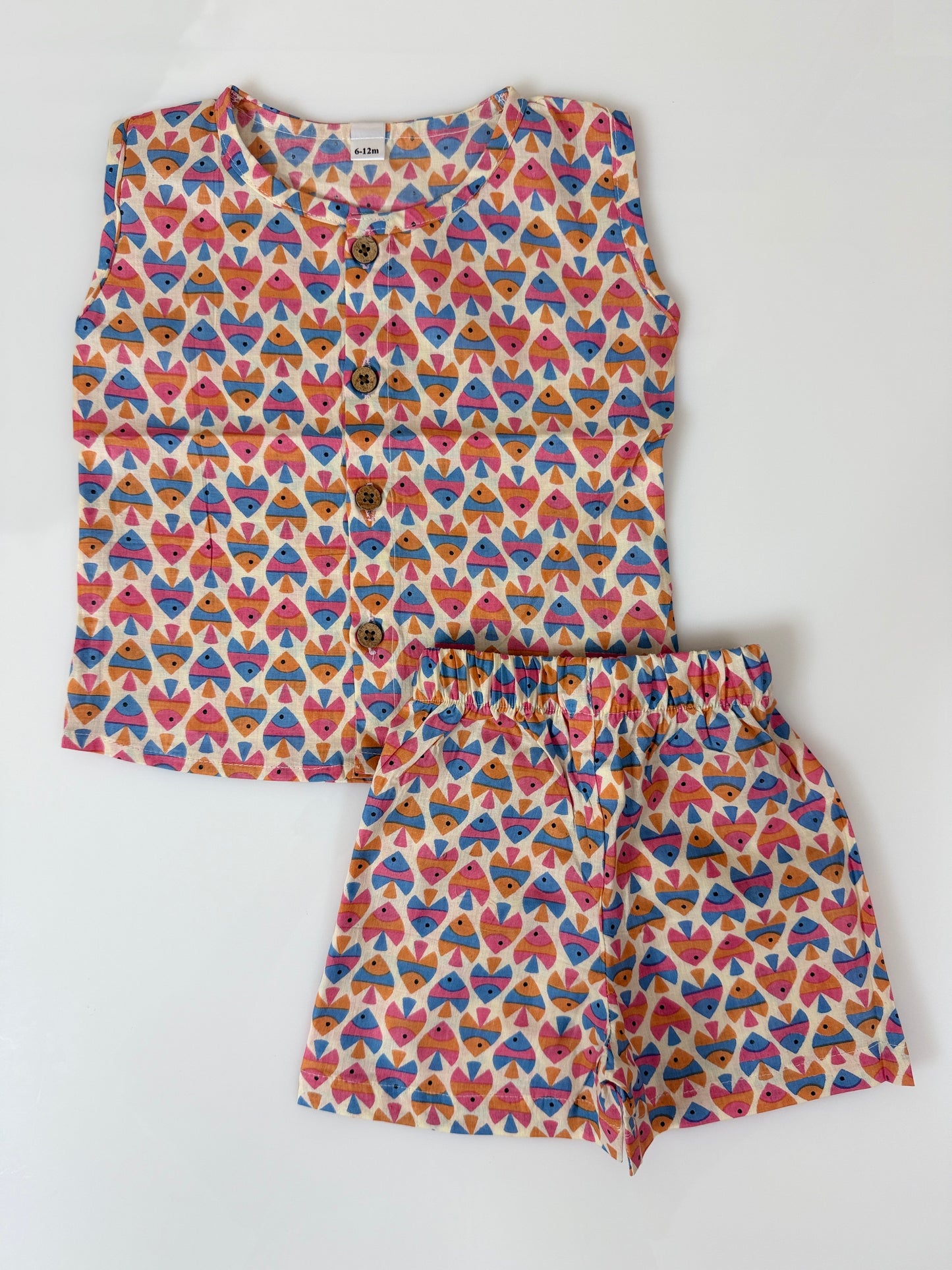 Cream Multicolor Geometric Print Cotton Sleeveless Coords