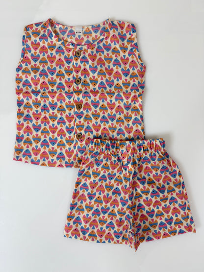 Cream Multicolor Geometric Print Cotton Sleeveless Coords