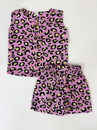 Pink Leopard Print Cotton Sleeveless Coords