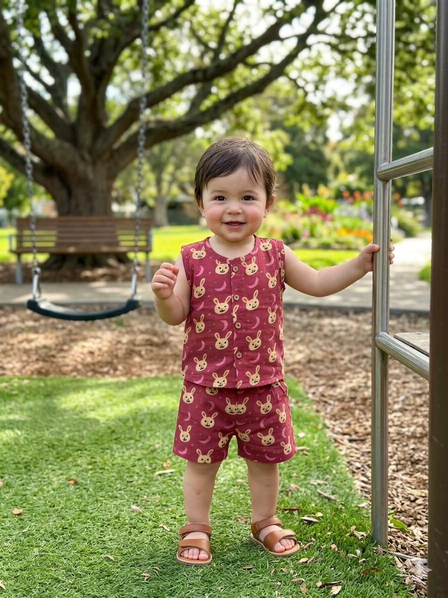 Maroon Bunny Print Cotton Sleeveless Coords