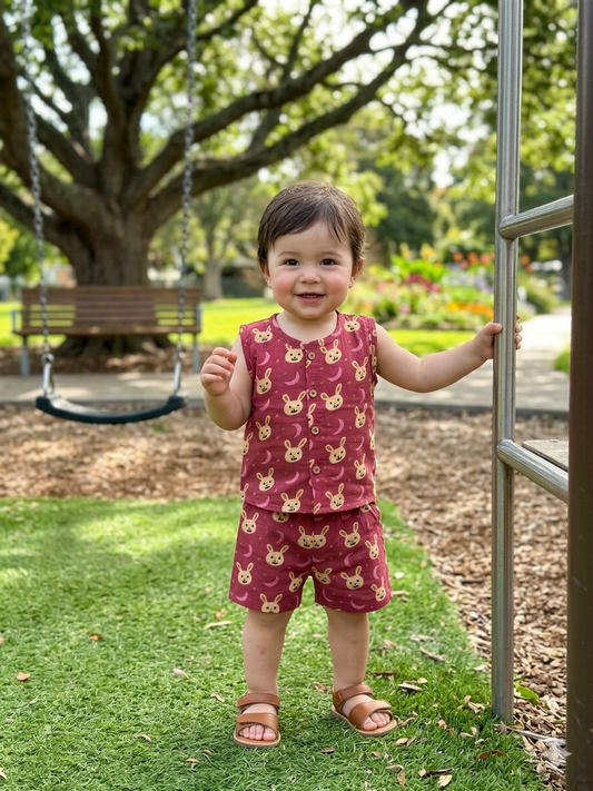 Maroon Bunny Print Cotton Sleeveless Coords