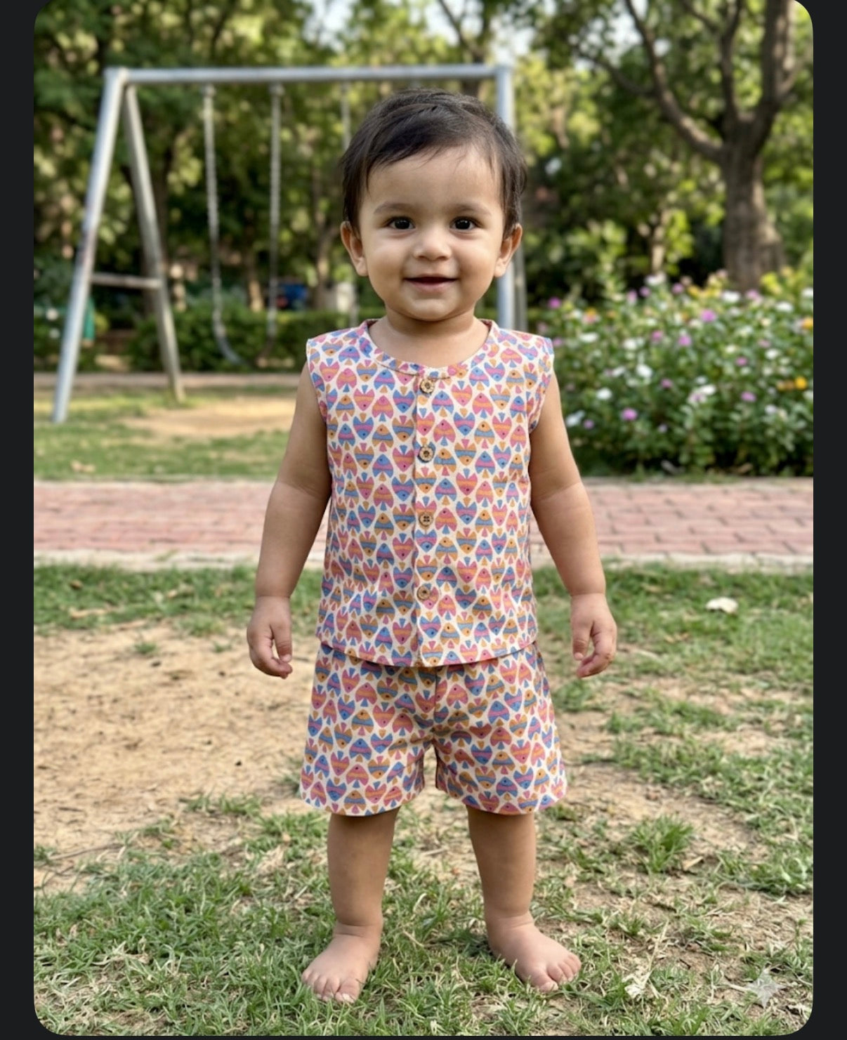 Cream Multicolor Geometric Print Cotton Sleeveless Coords