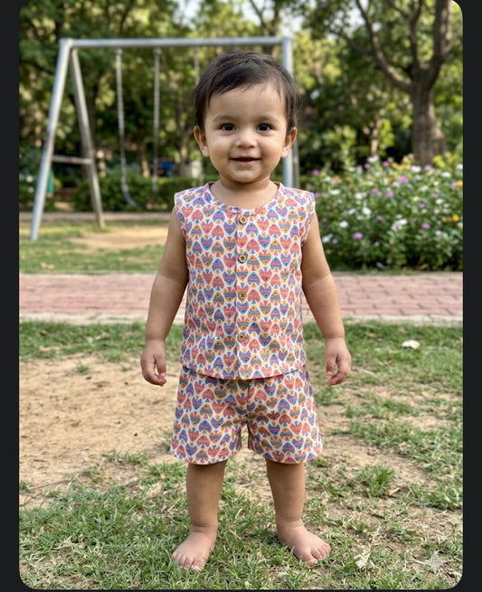Cream Multicolor Geometric Print Cotton Sleeveless Coords