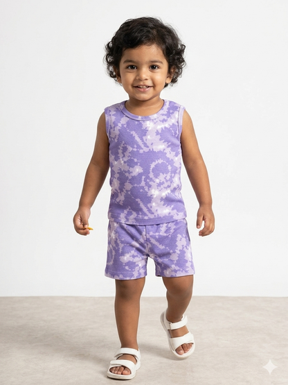 Lavender Tie-Dye Print Sleeveless Kids Co-ords