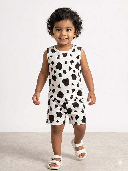 White Cow Print Sleeveless Kids Co-ords
