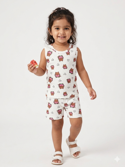 Off White Teddy Print Sleeveless Kids Co-ords