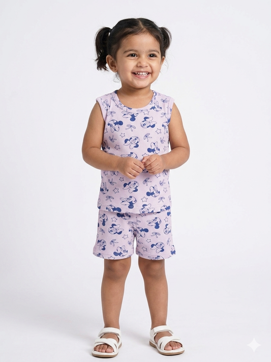 Lavender Cartoon Character Print Sleeveless Kids Co-ords