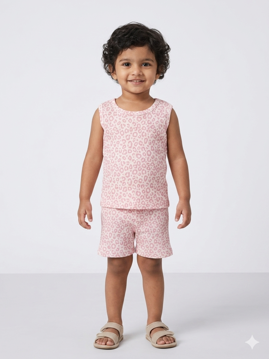 Light Pink Animal Print Sleeveless Kids Co-ords