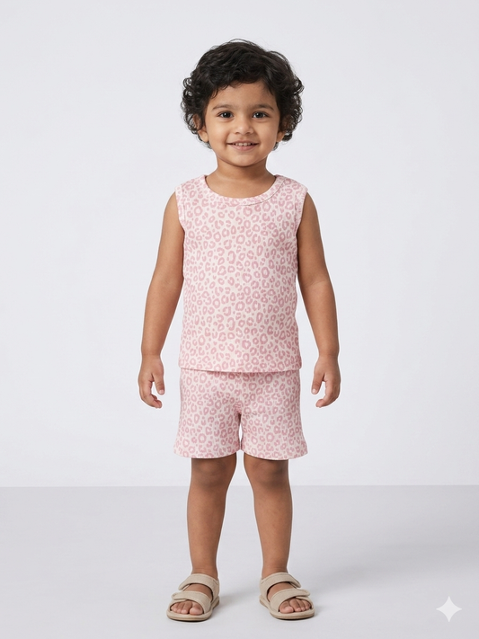 Light Pink Animal Print Sleeveless Kids Co-ords