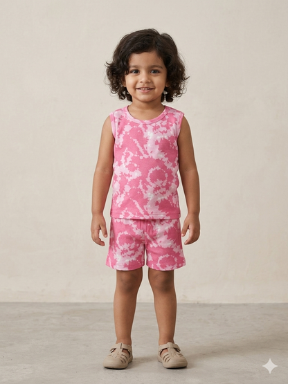 Pink Tie-Dye Print Sleeveless Kids Co-ords