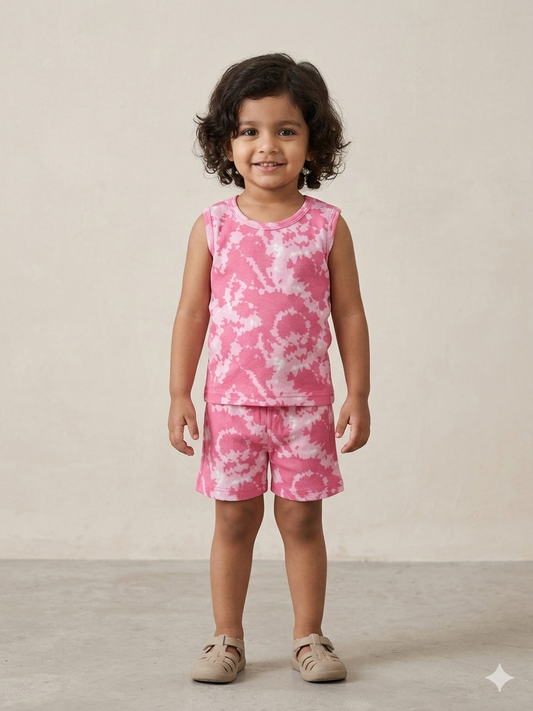 Pink Tie-Dye Print Sleeveless Kids Co-ords