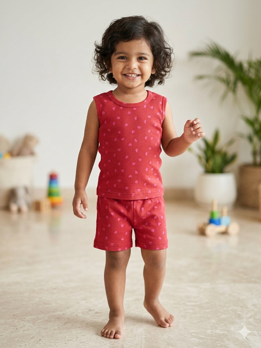 Red Mini Heart Print Sleeveless Kids Co-ords