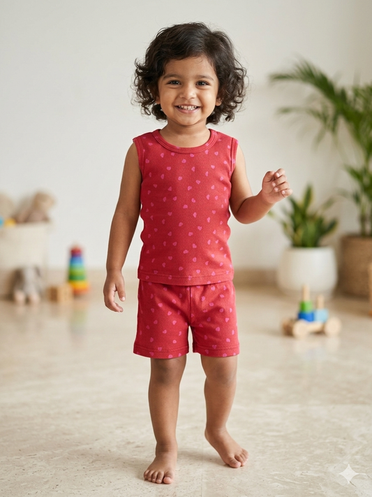 Red Mini Heart Print Sleeveless Kids Co-ords