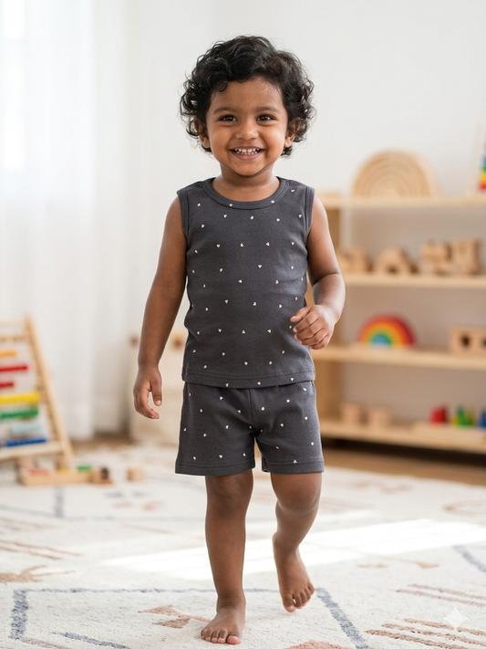 Charcoal Mini Heart Print Sleeveless Kids Co-ords