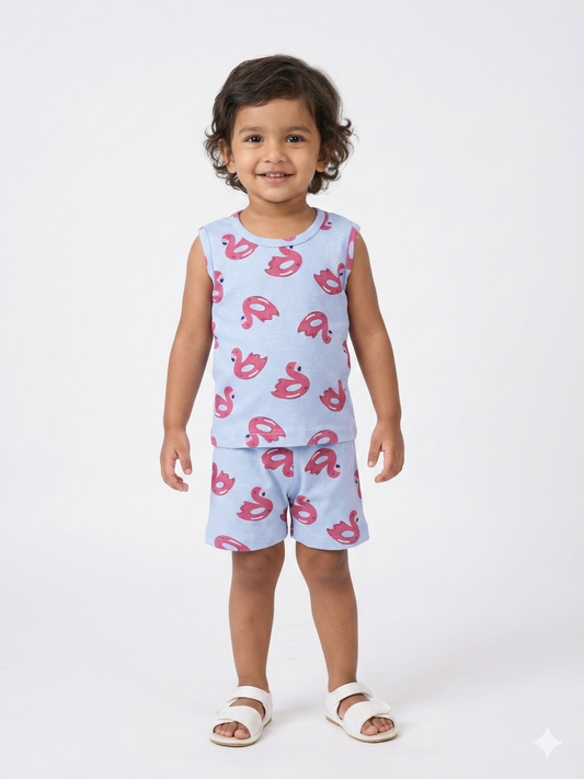 Sky Blue Flamingo Print Sleeveless Kids Co-ords