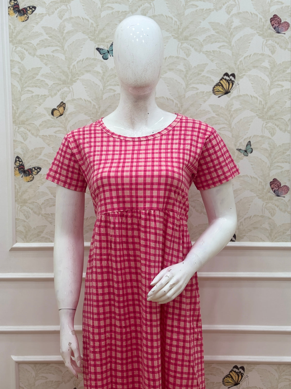 Hot Pink Gingham Check Short Sleeve Lounge Frock