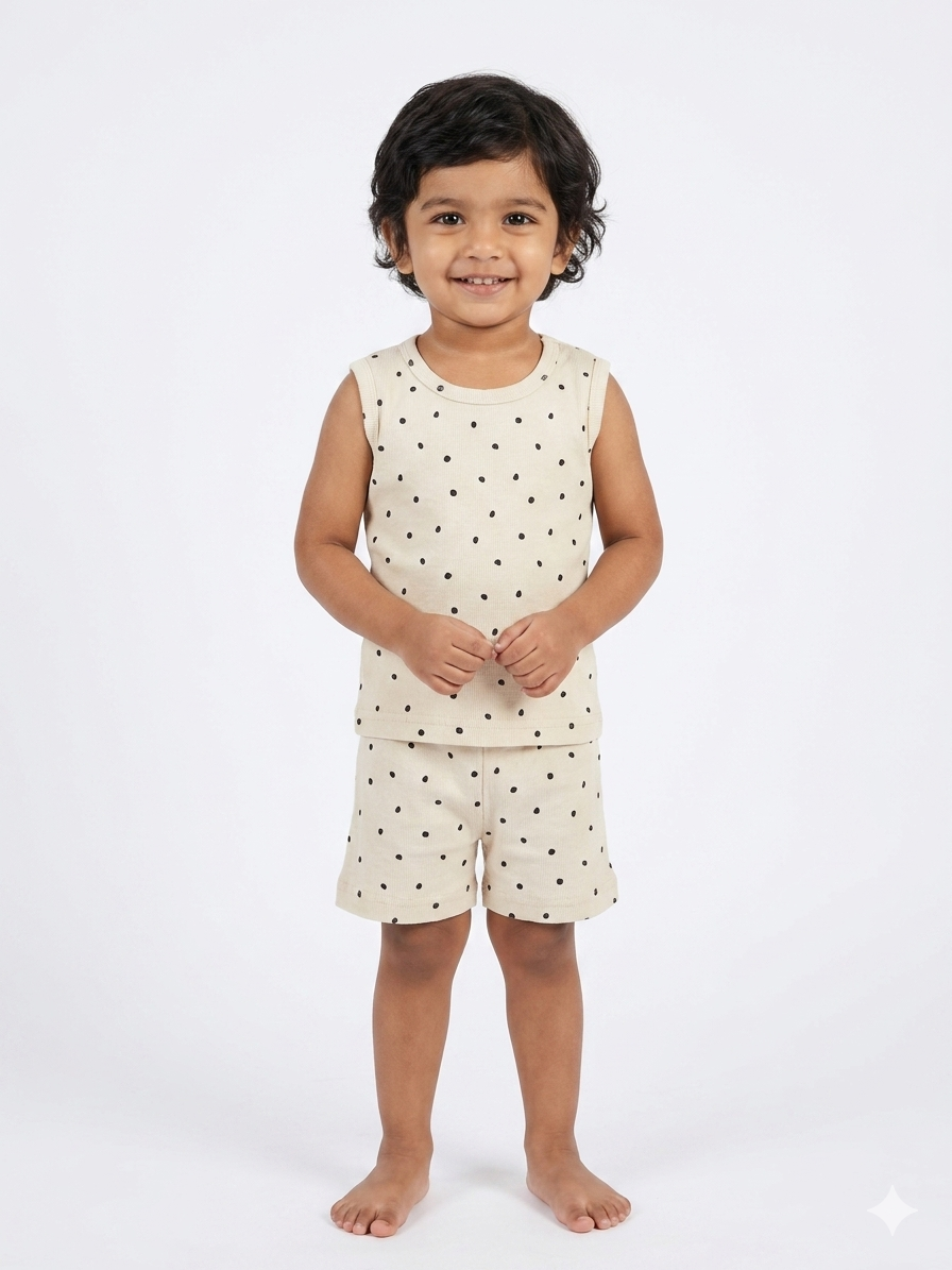 Beige Polka Dot Print Sleeveless Kids Co-ords