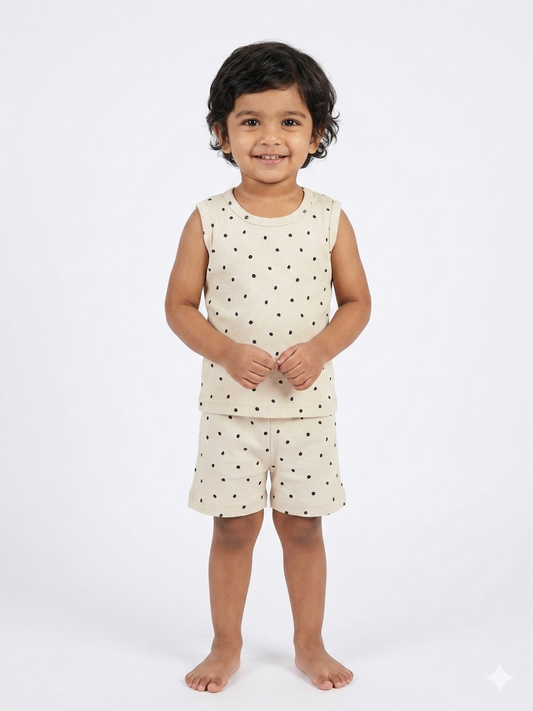 Beige Polka Dot Print Sleeveless Kids Co-ords